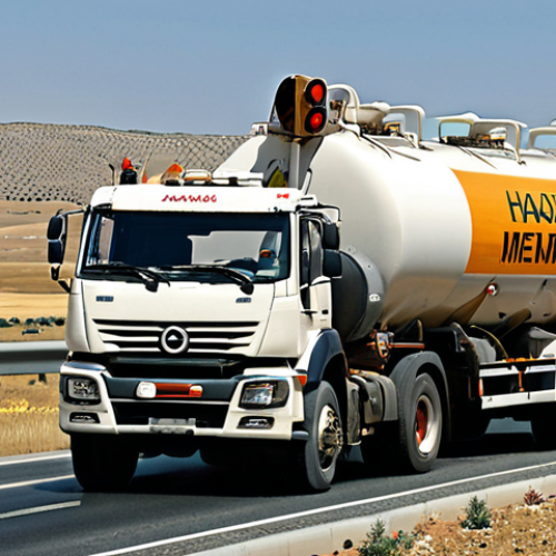 ** A tanker truck transporting hazardous materials on a highway near Ankara. The signage on the truck is clearly visible, along with the driver wearing safety gear. Focus on realism and detail.

**