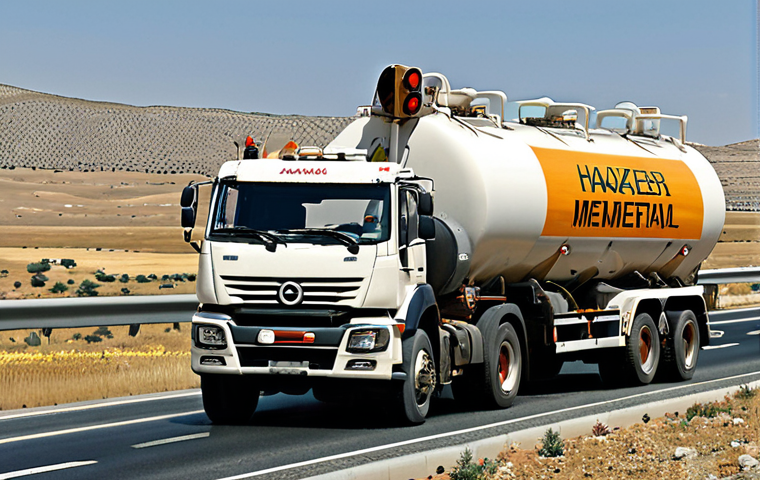 ** A tanker truck transporting hazardous materials on a highway near Ankara. The signage on the truck is clearly visible, along with the driver wearing safety gear. Focus on realism and detail.

**